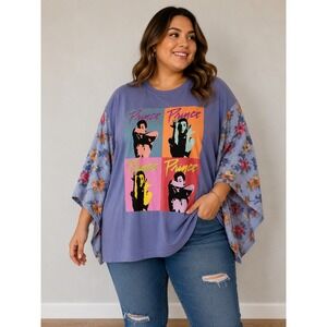 Prince Graphic Upcycled Tee Floral Waffle Knit Boho Sleeve  Boho Top O/S Plus 2X